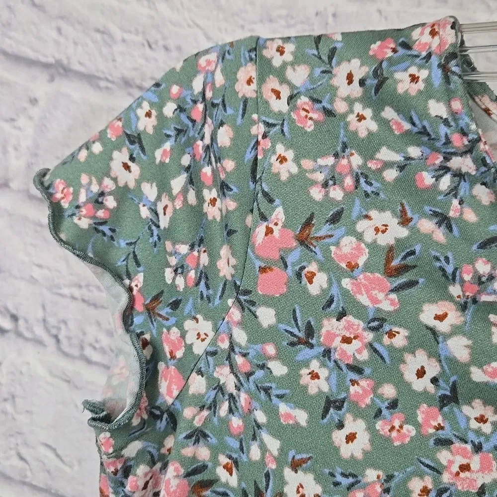 Zunie Girl L 10/12 Sage Floral Jersey Knit Short Sleeve Skater Dress Fit & Flare